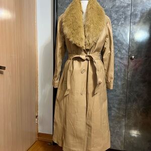 Women's Leather Tan Coat with Faux Fur Collar